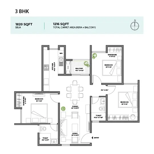 3 BHK Type 1 Floor Plan